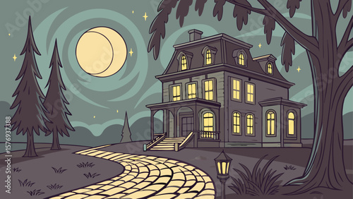 Creepy haunted house illustration with a dark, spooky sky and silhouetted trees in a moonlit forest, overlooking a distant, mysterious city at night