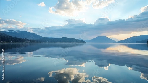 Tranquil Lake with Cloud Reflections and Forested Hills at Horizon