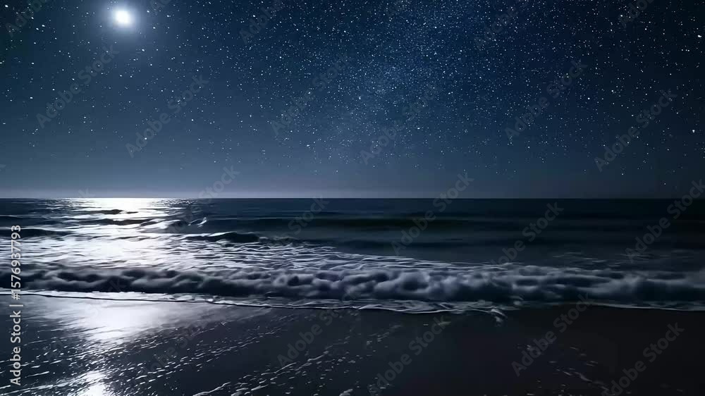 Serene Long Exposure Starry Night Ocean Landscape with Moon Reflection