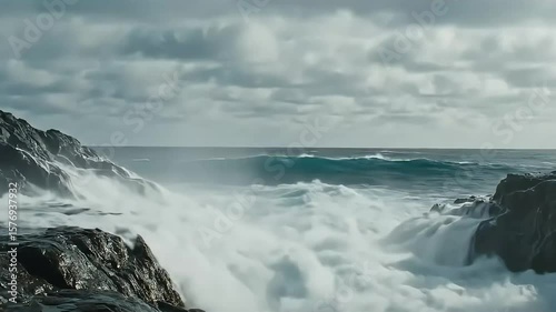 Dramatic Seascape of Crashing Waves Breaking on Rocky Coastal Outcrop Landscape