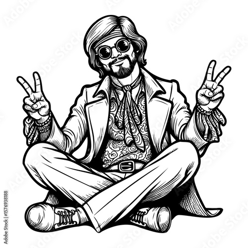 A hippie man with long hair and round glasses sitting cross legged making peace signs with both hands.