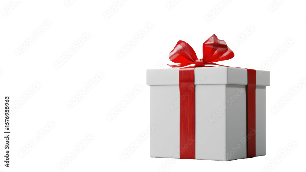Fototapeta premium Title: Elegant White Gift Box with Vibrant Red Ribbon Isolated on Clean White Background for Special Occasions and Festive Presentations
