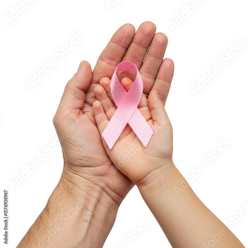 Pink Ribbon Held in Hands Symbolizing Breast Cancer Awareness Hope