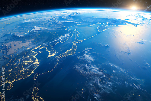 宇宙から見た日本列島と東アジアの幻想的な地球の夜景