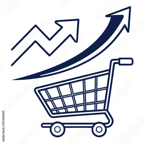 Shopping cart illustration with upward trending arrows, symbolizing growth and increased sales.