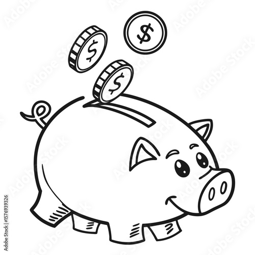 A cartoon piggy bank with coins being deposited for saving money.