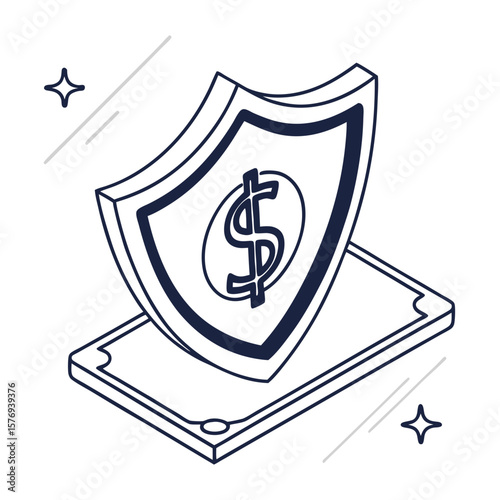 A shield protecting a dollar sign, resting on a banknote, representing financial security.