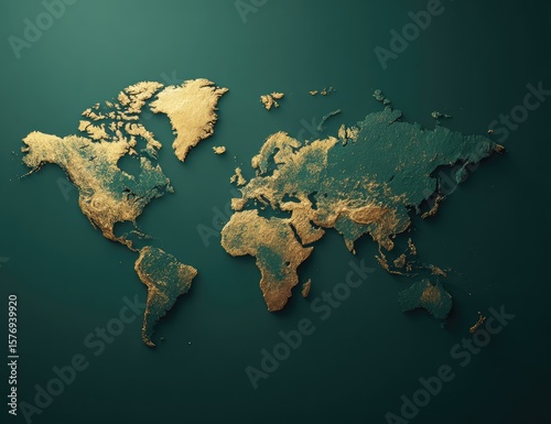 Gold embossed world map on dark teal backdrop