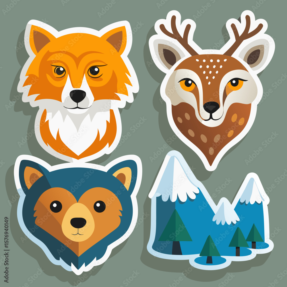 Obraz premium Cute cartoon fox deer and wolf faces with snowy mountains and pine trees