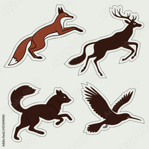Stylized depiction of a fox deer squirrel and bird in motion against a light background