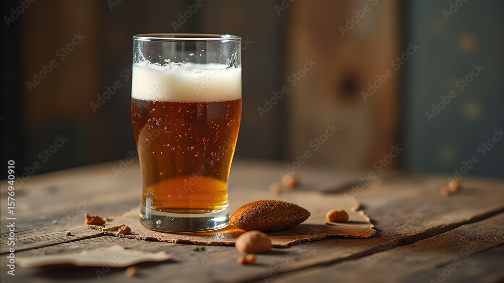 Refreshing beer in glass with foam and snack almonds on rustic wooden table background Refreshing beer in glass with foam and snack almonds on rustic wooden table background