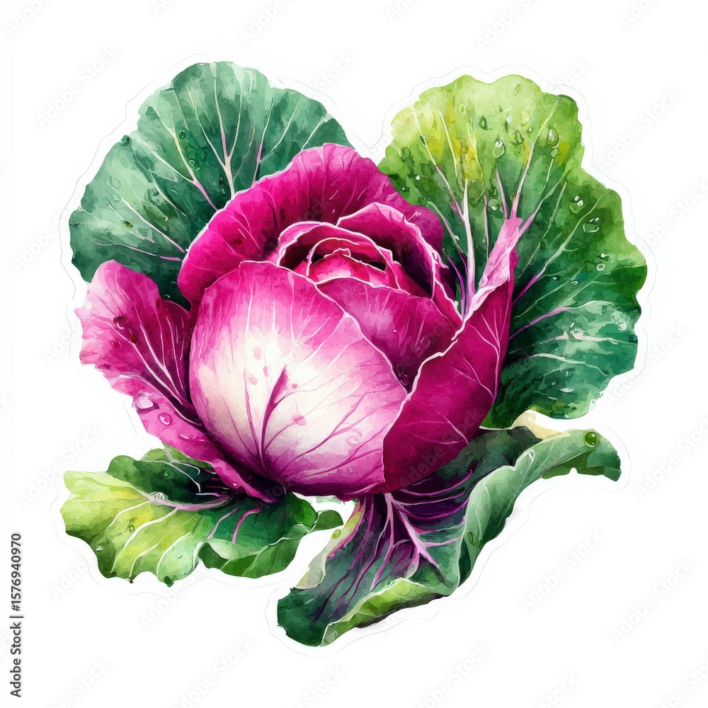 Obraz premium Vibrant purple cabbage surrounded by fresh green leaves with water droplets in natural light Generative AI