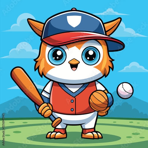 Adorable baby owl plays baseball vector