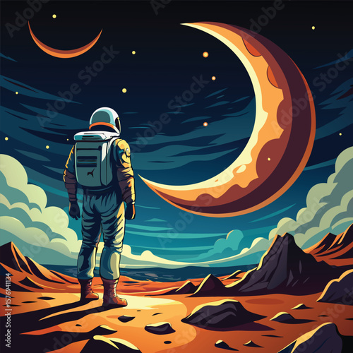 Astronaut gazes at giant moon and alien landscape space