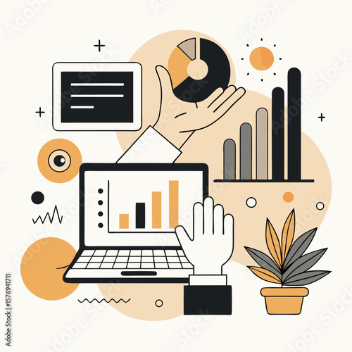 Business analytics data visualization with hands charts