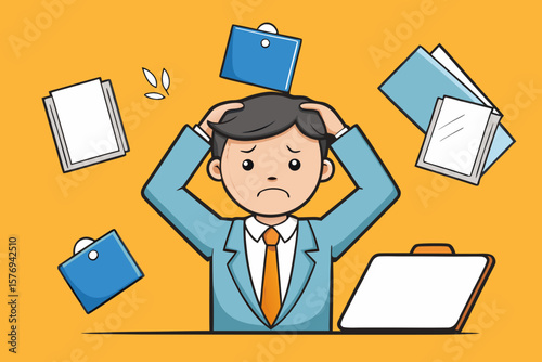 Overwhelmed Cartoon Businessman Surrounded by Documents – Office Stress and Workload Illustration