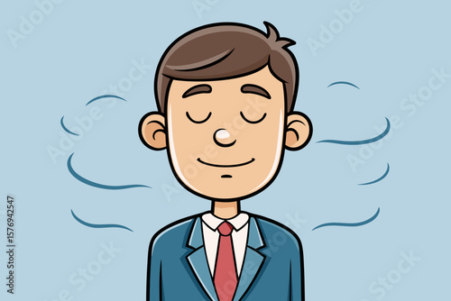 Calm Cartoon Businessman Meditating with Eyes Closed – Mindfulness and Relaxation Concept
