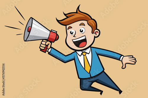 Happy Cartoon Businessman with Megaphone – Marketing and Announcement Illustration