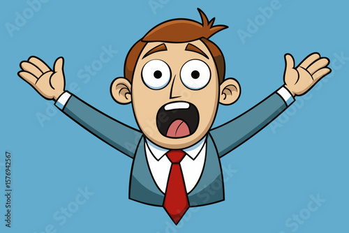 Surprised Cartoon Businessman with Raised Hands – Shocked Expression Illustration