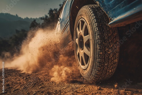 Close-up of rally car tire kicking up dirt on a rural track during a time trial 