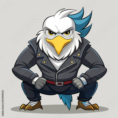 Fierce eagle character in leather jacket cartoon animal