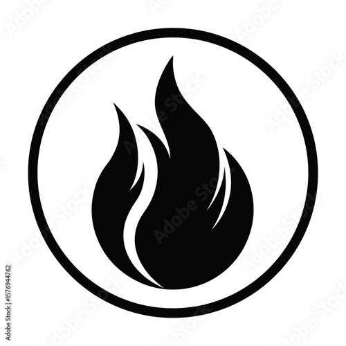 Stylized black flame icon enclosed within a clean white circular border representing energy and power