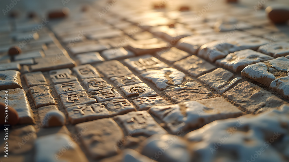 Naklejka premium Ancient pavement with weathered stone bricks featuring carved symbols and textures under warm sunlight, adding mystery