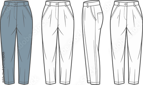 Women’s pleated tapered trousers flat sketch, front and back technical fashion illustration, stylish high waist pant design template drawing.