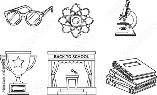 Collection of black and white line art icons representing education and success including glasses atom microscope trophy podium and books