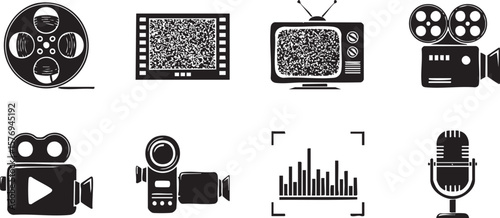 Collection of black and white icons representing vintage and modern media production equipment and concepts
