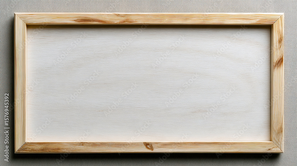 Fototapeta premium A simple wooden frame with a smooth, white interior sits against a neutral fabric backdrop, inviting creativity and artistic inspiration for personalized artwork or message displays.