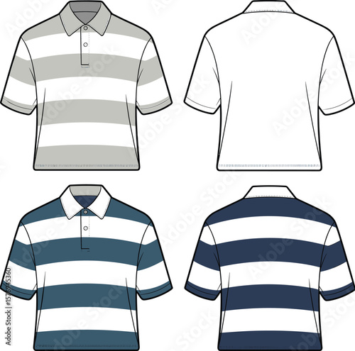 Classic striped polo shirt front and back view, men’s casual fashion, short sleeve rugby style, template for apparel design mockup