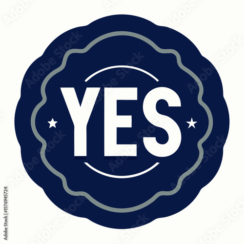 Navy blue rounded confirmation label with the word yes on a clean white background