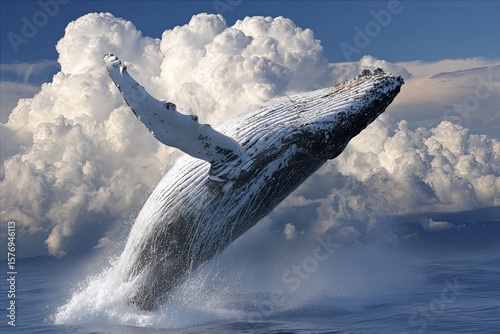 Majestic whale breaching, sky-high leap, against a backdrop of fluffy clouds. Powerful, majestic creature soaring above the water's surface
