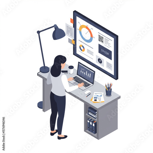 Isometric Woman Creating Presentation at Modern Office, Isolated. High Detail.