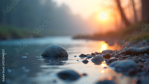 Peaceful river scene with rocks and sunrise casting a golden glow on the water surface