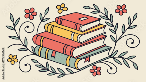 A colorful vector illustration of a stack of old books with flowers, symbolizing education, literature, and the wisdom gained from reading