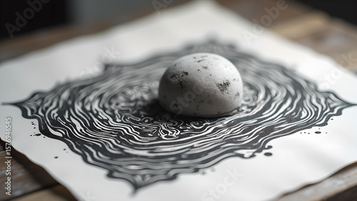 Abstract monochrome artwork featuring a concrete sphere resting on intricate swirling ink patterns on paper art