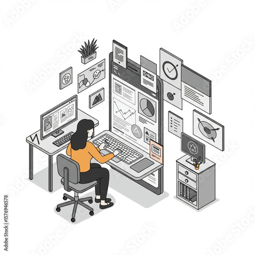 Isometric Woman Designing Mobile App in Minimalist Office, Isolated. High Detail.