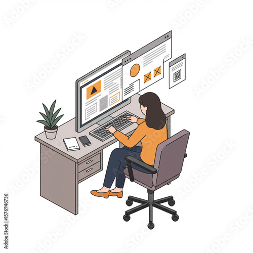 Isometric Woman Designs Website in Office, Isolated on White. High Detail, 4k.