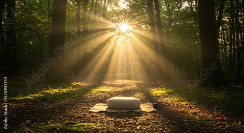 Serene Forest Meditation Spot Sunlit Morning with Sunbeams Filtering Through Trees Calm Natural Setting