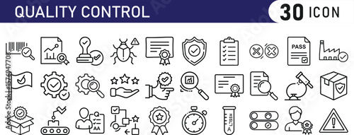 Quality control icon set. Containing inspection, evaluation, product, quality assurance, process, testing and more. 
