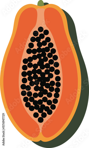 Exotic Papaya Half Illustration: Vibrant Orange Fruit with Black Seeds on a Transparent Backdrop for Tropical Cuisine and Healthy Lifestyle Visuals