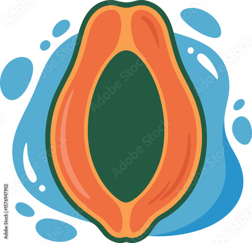 Papaya Slice with Water Splash Illustration: Refreshing Tropical Fruit Design on a Transparent Backdrop for Summer Themes and Healthy Beverage Concepts