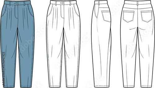High waist pleated pants flat sketch, front and back view, women’s fashion design template, vector trousers drawing, casual wear illustration