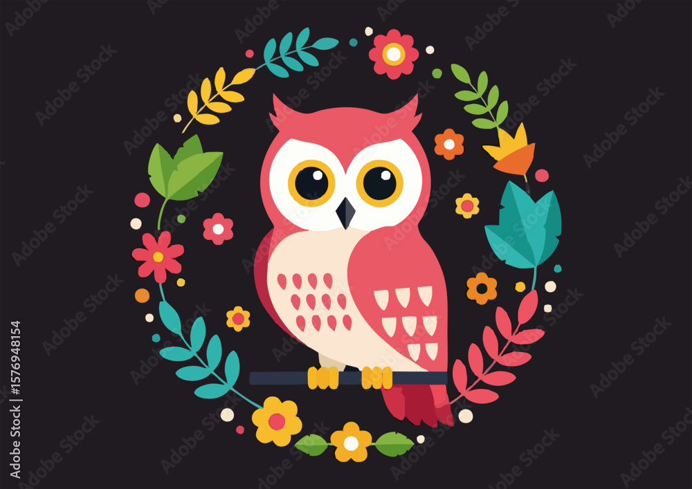 Naklejka premium Cute owl sitting in a floral wreath on a dark background