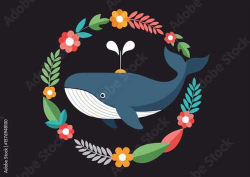 layful whale swimming in a floral wreath on a dark background