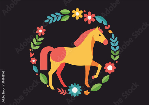 Elegant horse in a floral wreath on a dark background
