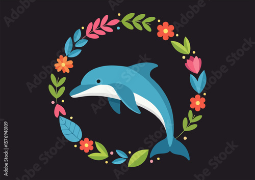Playful dolphin swimming in a floral wreath on a dark background
