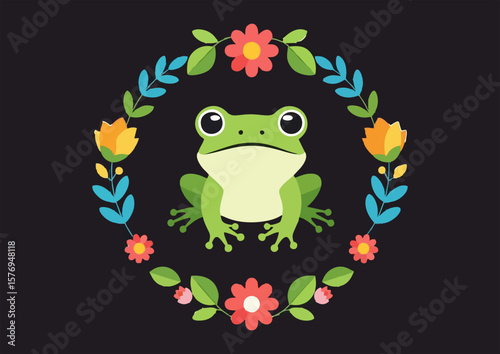 Cute frog sitting in a floral wreath on a dark background